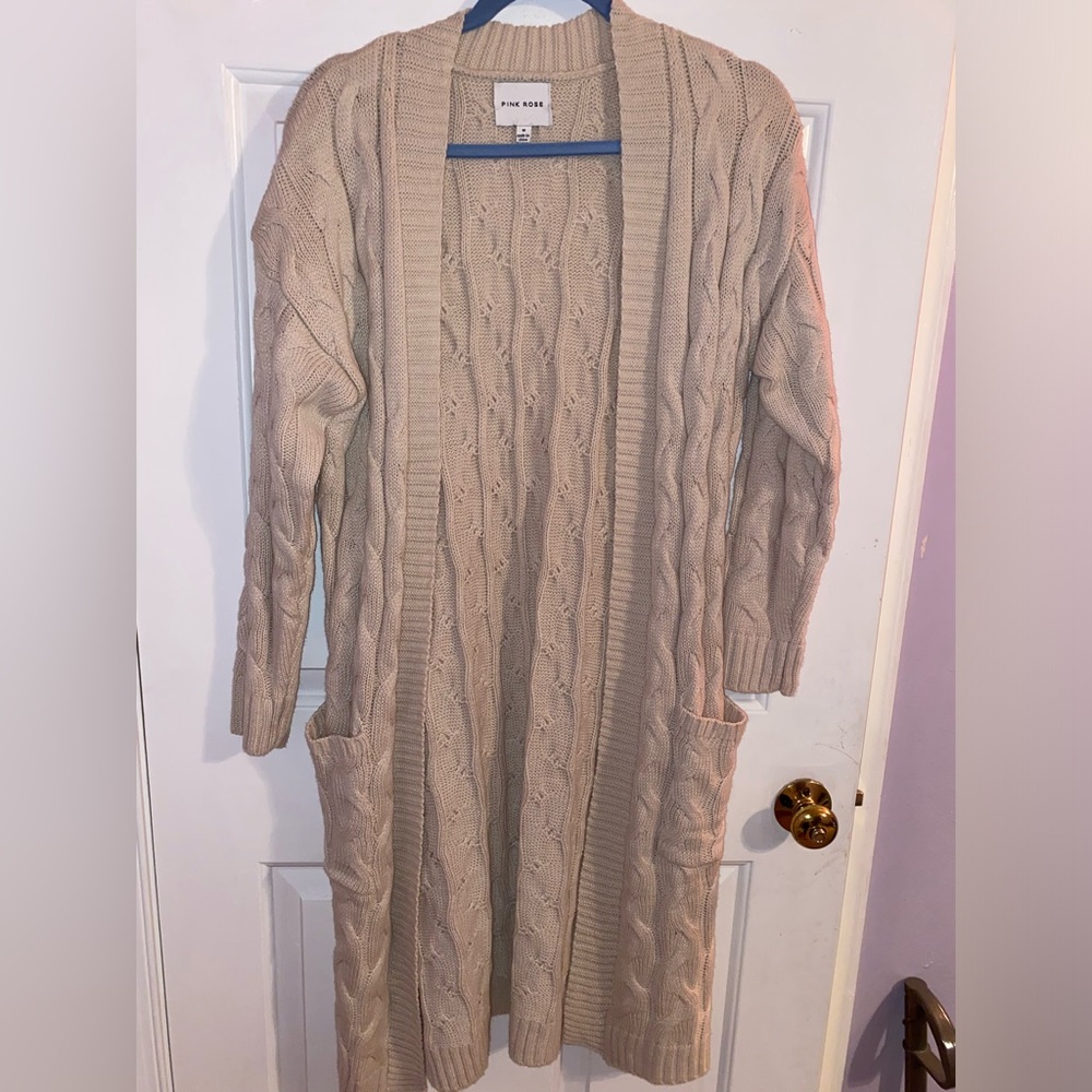 Pink Rose Cable Knit Cream Cardigan